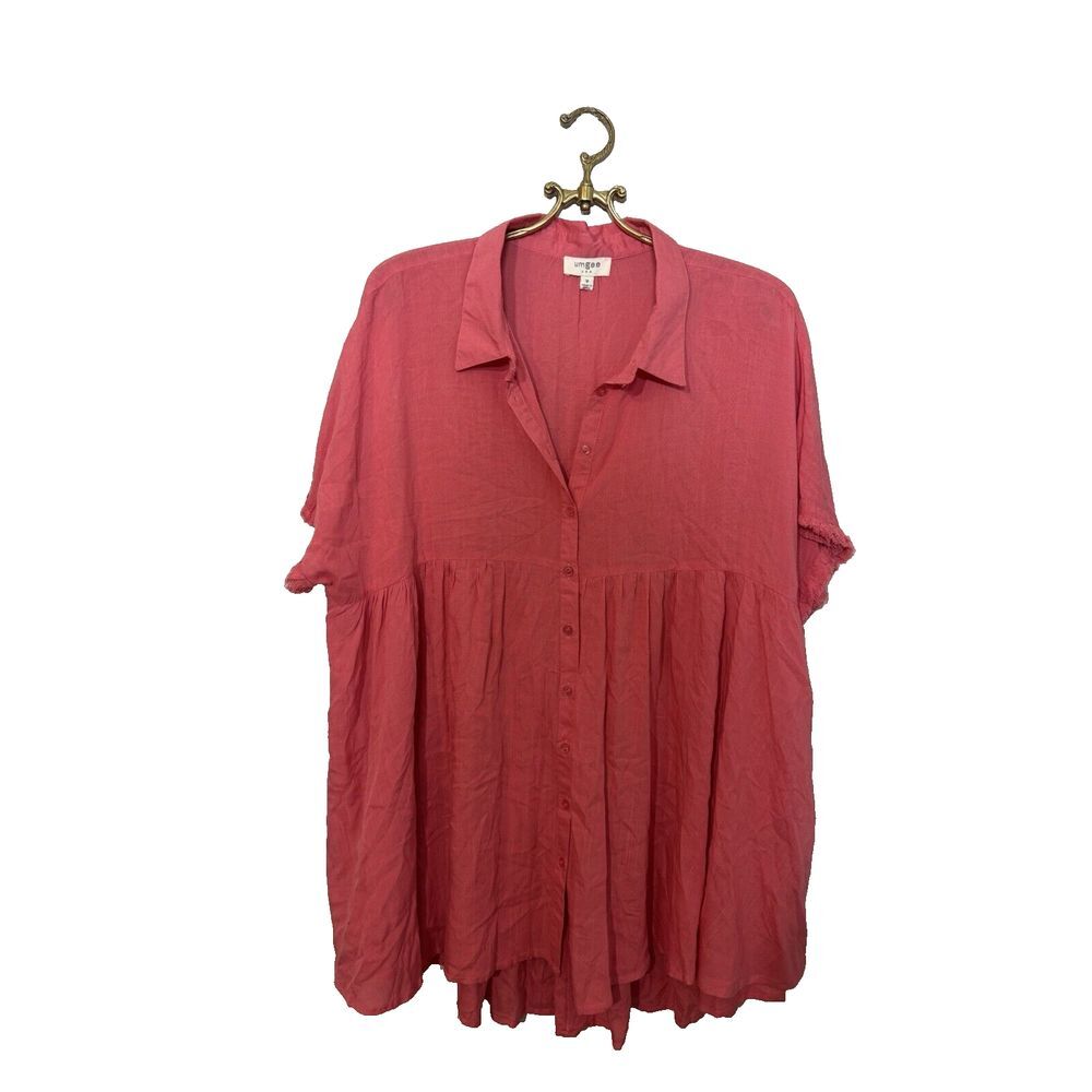 Umgee USA Medium Coral Tunic Coral Oversized Button Down Short Sleeve Blouse